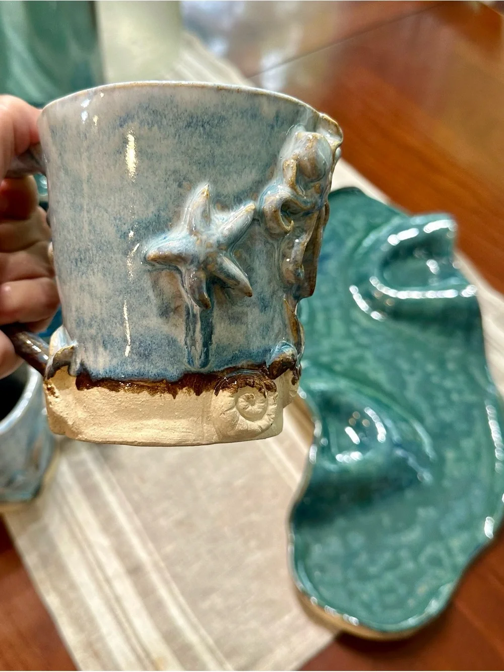 Handmade Sea Life Ceramic mug in Blue and Cream